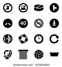 Solid vector icon set - no mobile sign vector, computer, pill, only forward right road, detour, minimal speed limit, end, pedestrian way, globe, friends, time, reload, jalousie, volleyball, basin