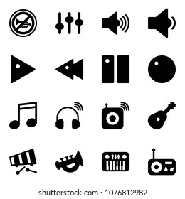 Solid vector icon set - no horn vector road sign, settings, volume max, low, play, fast backward, pause, record, music, wireless headphones, speaker, guitar, xylophone, toy, piano, radio