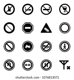 Solid vector icon set - no mobile sign vector, smoking, alcohol, prohibition road, way, multi lane traffic, moto, horn, pedestrian, turn back, overtake, parking even, signal