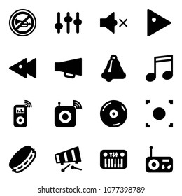 Solid vector icon set - no horn vector road sign, settings, volume off, play, fast backward, loudspeaker, bell, music, player, wireless speaker, cd, record button, tambourine, xylophone, toy piano