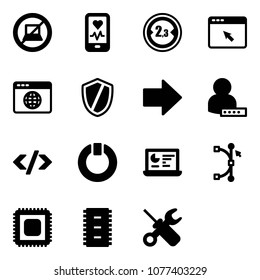 Solid vector icon set - no computer sign vector, mobile heart monitor, limited width road, cursor browser, globe, shield, right arrow, user password, tag code, standby, statistics, bezier, cpu, chip