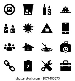 Solid vector icon set - no computer sign vector, trash, candle, cake, sun, tunnel road, phone, group, home, fishing, camera, link, battery, wrench screwdriver, tool box