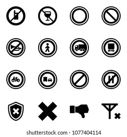 Solid vector icon set - no mobile sign vector, alcohol, prohibition road, horn, pedestrian, truck, dangerous cargo, bike, overtake, parking, even, shield cross, delete, dislike, signal