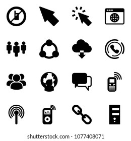 Solid vector icon set - no mobile sign vector, cursor, browser globe, group, social, download cloud, phone horn, man, dialog, antenna, music player, link, server