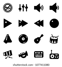 Solid vector icon set - no horn vector road sign, settings, volume medium, low, play, fast forward, backward, record, bell, cd, guitar, drum, xylophone, toy, piano, radio