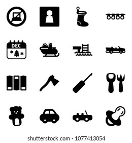 Solid vector icon set - no computer sign vector, female wc, christmas sock, garland, calendar, santa sleigh, pool, cabrio, battery, axe, awl, shovel fork toy, bear, car, soother