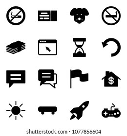 Solid vector icon set - no smoking sign vector, ticket, dog, dollar, cursor browser, sand clock, undo, chat, flag, home, sun, skateboard, rocket, gamepad