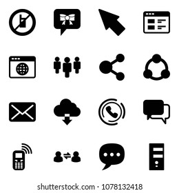 Solid vector icon set - no mobile sign vector, bow message, cursor, website, browser globe, group, share, social, mail, download cloud, phone horn, dialog, information exchange, chat, server