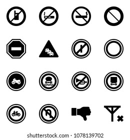 Solid vector icon set - no mobile sign vector, smoking, prohibition road, way, multi lane traffic, parkin odd, moto, dangerous cargo, horn, bike, turn back, dislike, signal