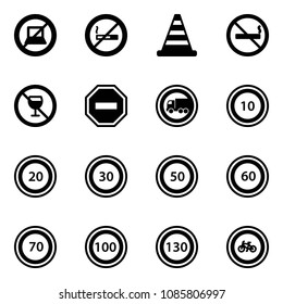 Solid vector icon set - no computer sign vector, smoking, road cone, alcohol, way, truck, speed limit 10, 20, 30, 50, 60, 70, 100, 130, bike