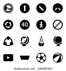 Solid vector icon set - no trailer vector road sign, only forward, detour, circle, minimal speed limit, pedestrian way, social, globe, round flask, playback, basin, soccer ball, beach