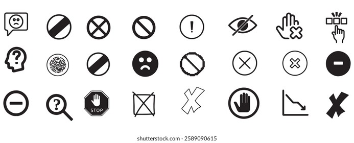 Solid vector icon set - no computer sign vector, smoking, alcohol, prohibition road, way, multi lane traffic, moto, turn back, stop, parking even, shield cross, delete, dislike, fine signal