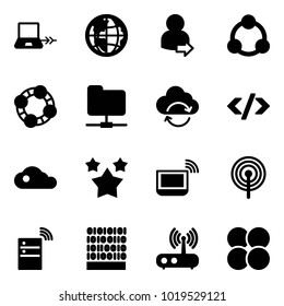 Solid vector icon set - notebook connect vector, globe, user login, social, friends, network folder, refresh cloud, tag code, stars, wi fi, antenna, server wireless, binary, router, atom core