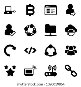 Solid vector icon set - notebook connect vector, bitcoin, website, user login, check, friends, network folder, refresh cloud, redo, tag code, community, group, stars, wi fi, router, link
