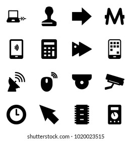 Solid vector icon set - notebook connect vector, stamp, right arrow, monero, mobile payment, calculator, fast forward, satellite antenna, mouse wireless, surveillance camera, clock, cursor, chip