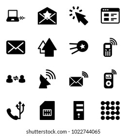 Solid vector icon set - notebook connect vector, star letter, cursor, website, mail, arrow up, first satellite, mobile phone, information exchange, antenna, wireless, music player, sim, server
