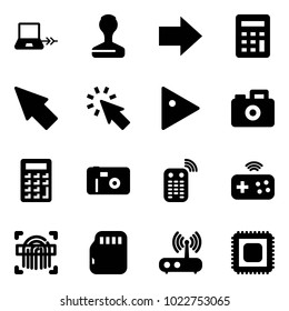 Solid vector icon set - notebook connect vector, stamp, right arrow, calculator, cursor, play, camera, photo, remote control, joystick wireless, fingerprint scanner, micro flash card, wi fi router