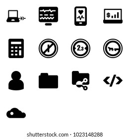 Solid vector icon set - notebook connect vector, diagnostic monitor, mobile heart, account statistics, calculator, no parkin odd, limited width road sign, cart horse, user, folder, shared, tag code