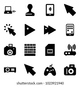 Solid vector icon set - notebook connect vector, stamp, mobile payment, cursor, play, fast forward, camera, binary code, sim, wi fi router, projector, joystick