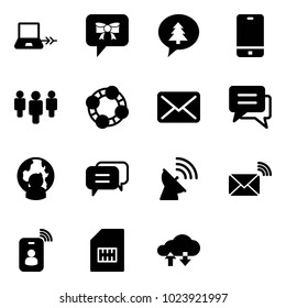 Solid vector icon set - notebook connect vector, bow message, merry christmas, phone, group, friends, mail, chat, man globe, dialog, satellite antenna, wireless, identity card, sim