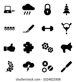 Solid vector icon set - notebook connect vector, storm, lock, christmas tree, garland, scalpel, barbell, bladder, like, puzzle, gears, megaphone, golden branch, rivet, rasp