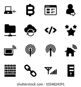 Solid vector icon set - notebook connect vector, bitcoin, website, user login, network folder, refresh cloud, tag code, stars, wi fi, antenna, wireless home, binary, link, fine signal, server