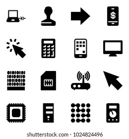 Solid vector icon set - notebook connect vector, stamp, right arrow, mobile payment, cursor, calculator, monitor, binary code, sim, wi fi router, cpu, server, circuit, multimeter