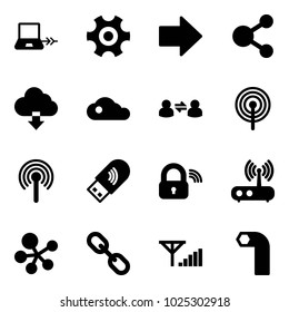 Solid vector icon set - notebook connect vector, gear, right arrow, share, download cloud, information exchange, antenna, usb wi fi, wireless lock, router, molecule, link, fine signal, allen key