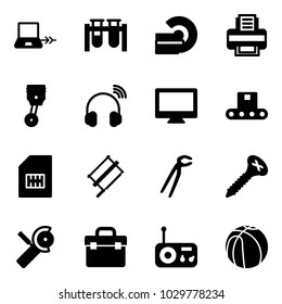 Solid vector icon set - notebook connect vector, vial, mri, printer, piston, wireless headphones, monitor, conveyor, sim, bucksaw, plumber, screw, Angular grinder, tool box, radio, basketball