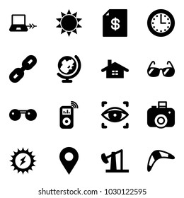 Solid vector icon set - notebook connect vector, sun, account statement, time, link, globe, home, sunglasses, music player, eye scanner, camera, power, navigation pin, oil derrick, boomerang