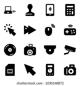 Solid vector icon set - notebook connect vector, stamp, mobile payment, calculator, cursor, fast forward, mouse wireless, joystick, cd, camera, surveillance, sim, multimeter