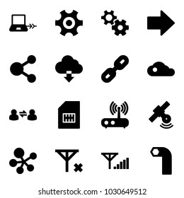 Solid vector icon set - notebook connect vector, gear, right arrow, share, download cloud, link, information exchange, sim, wi fi router, satellite, molecule, no signal, fine, allen key