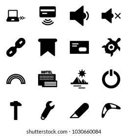 Solid vector icon set - notebook connect vector, tap pay, low volume, off, link, flag, envelope, sea turtle, rainbow, hotel, pyramid, standby button, hammer, wrench, work knife, boomerang