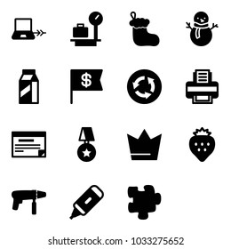 Solid vector icon set - notebook connect vector, baggage scales, christmas sock, snowman, milk, dollar flag, circle road sign, printer, schedule, star medal, crown, strawberry, drill machine, marker
