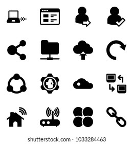 Solid vector icon set - notebook connect vector, website, user login, check, share, network folder, upload cloud, redo, community, gear globe, data exchange, wireless home, wi fi router, atom core