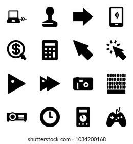 Solid vector icon set - notebook connect vector, stamp, right arrow, mobile payment, money click, calculator, cursor, play, fast forward, photo, binary code, projector, clock, multimeter, joystick