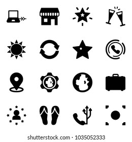 Solid vector icon set - notebook connect vector, duty free, christmas star, wine glasses, sun, exchange, phone horn, map pin, gear globe, case, man, flip flops, record button
