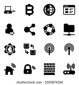Solid vector icon set - notebook connect vector, bitcoin, globe, website, user login, share, friends, network folder, gear, data exchange, antenna, wireless home, lock, binary code, wi fi router
