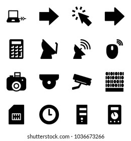 Solid vector icon set - notebook connect vector, right arrow, cursor, calculator, satellite antenna, mouse wireless, camera, surveillance, binary code, sim, clock, server, multimeter