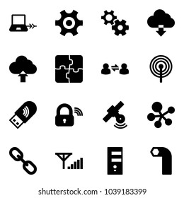 Solid vector icon set - notebook connect vector, gear, download cloud, upload, puzzle, information exchange, antenna, usb wi fi, wireless lock, satellite, molecule, link, fine signal, server