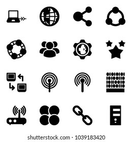 Solid vector icon set - notebook connect vector, globe, share, social, friends, group, gear, stars, data exchange, antenna, binary code, wi fi router, atom core, link, server