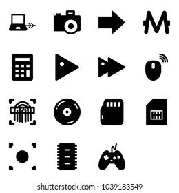 Solid vector icon set - notebook connect vector, camera, right arrow, monero, calculator, play, fast forward, mouse wireless, fingerprint scanner, cd, micro flash card, sim, record button, chip