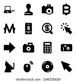 Solid vector icon set - notebook connect vector, stamp, camera, bitcoin, monero, mobile payment, money click, cursor, right arrow, calculator, photo, satellite antenna, mouse wireless, cd
