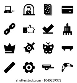 Solid vector icon set - notebook connect vector, officer window, breads, credit card, link, finger up, check, bank building, crown, sea turtle, butterfly, skateboard, level, gear, trailer, boomerang
