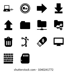 Solid vector icon set - notebook connect vector, no truck overtake road sign, right arrow, download, uplooad, folder, network, shared, trash bin, bezier, usb wi fi, monitor, binary code