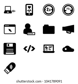 Solid vector icon set - notebook connect vector, mobile heart monitor, limited width road sign, distance, cursor browser, user password, folder, loudspeaker, save, tag code, statistics, cloud