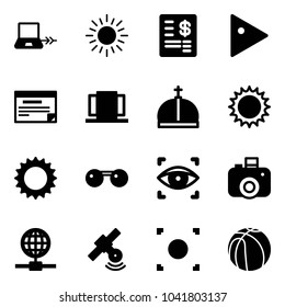 Solid vector icon set - notebook connect vector, sun, account statement, play, schedule, doors, crown, sunglasses, eye scanner, camera, globe, satellite, record button, basketball