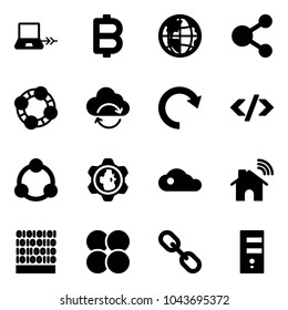 Solid vector icon set - notebook connect vector, bitcoin, globe, share, friends, refresh cloud, redo, tag code, community, gear, wireless home, binary, atom core, link, server