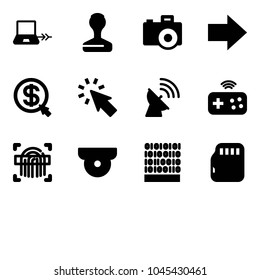 Solid vector icon set - notebook connect vector, stamp, camera, right arrow, money click, cursor, satellite antenna, joystick wireless, fingerprint scanner, surveillance, binary code