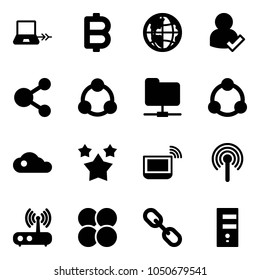 Solid vector icon set - notebook connect vector, bitcoin, globe, user check, share, social, network folder, community, cloud, stars, wi fi, antenna, router, atom core, link, server